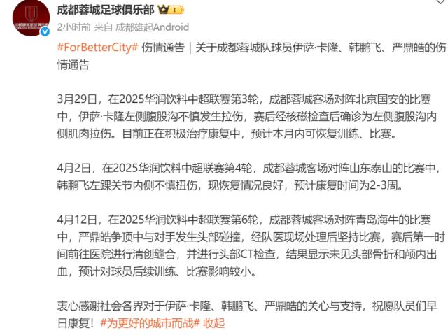 yl23455永利官网-蓉城公布卡隆韩鹏飞严鼎皓伤情 韩鹏飞将缺2-3周